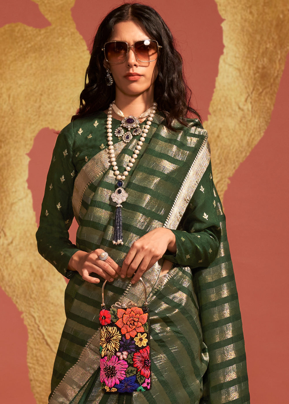 British Racing Green Handwoven Viscose Designer Saree