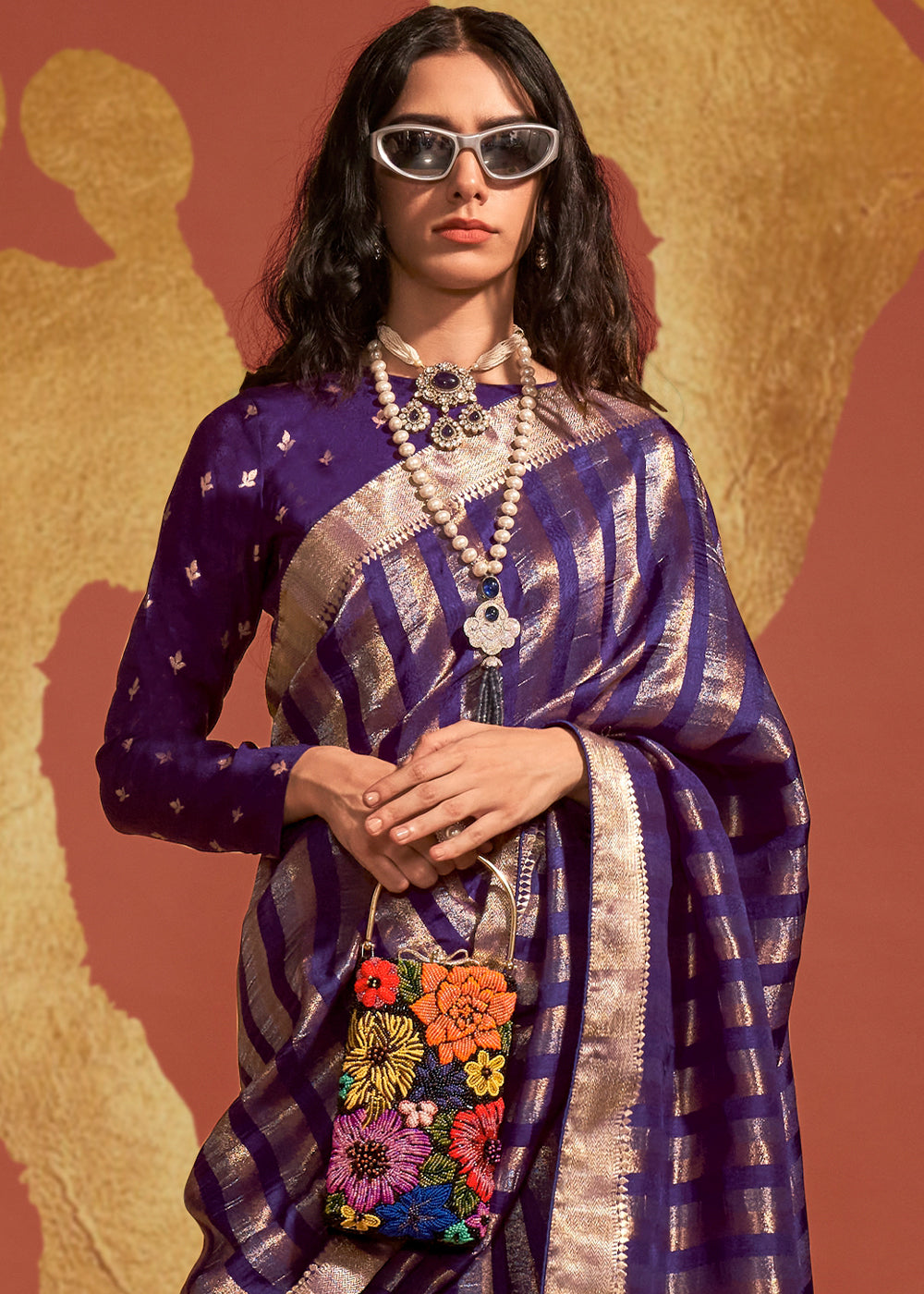 Indigo Brown Handwoven Viscose Designer Saree