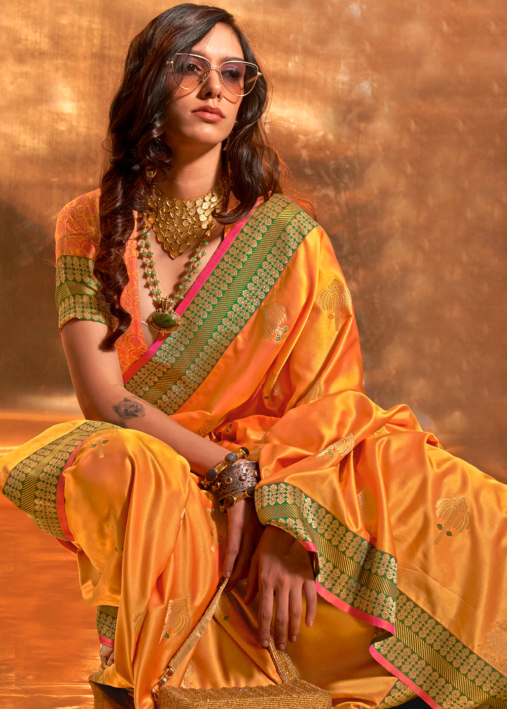 Shades Of Orange Handloom Woven Satin Silk Saree