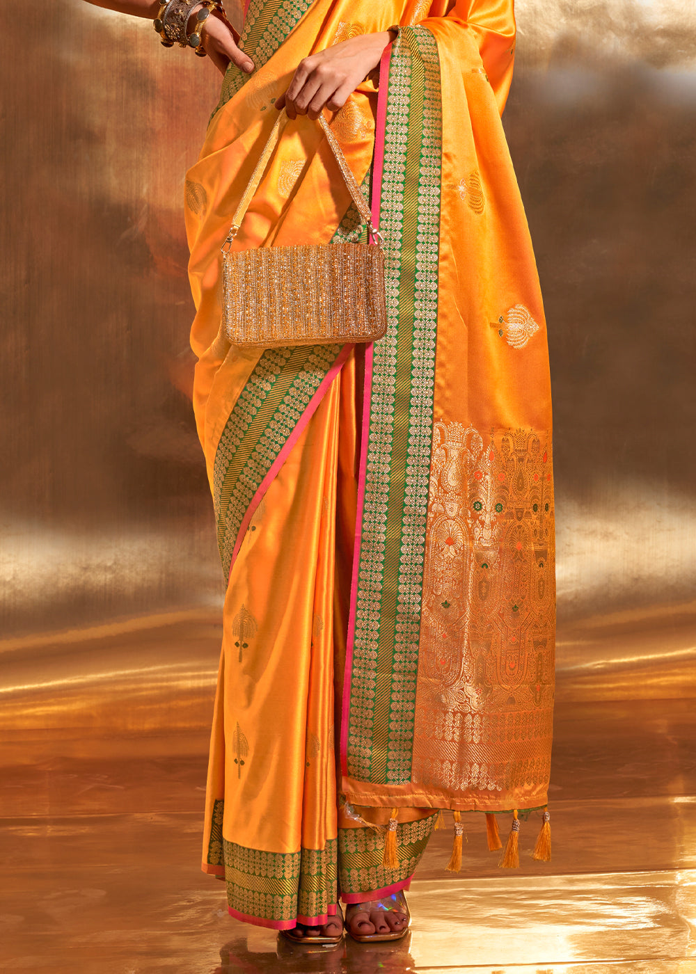 Shades Of Orange Handloom Woven Satin Silk Saree