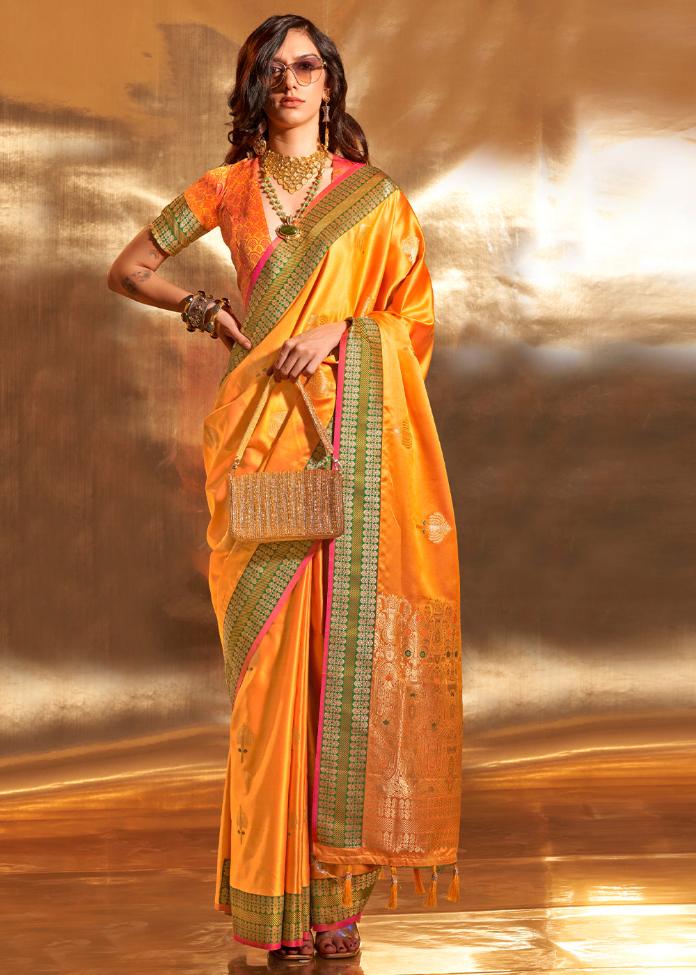 Shades Of Orange Handloom Woven Satin Silk Saree