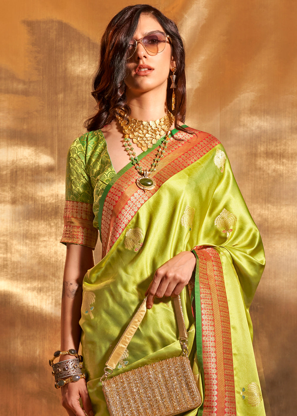 Lawn Green Handloom Woven Satin Silk Saree