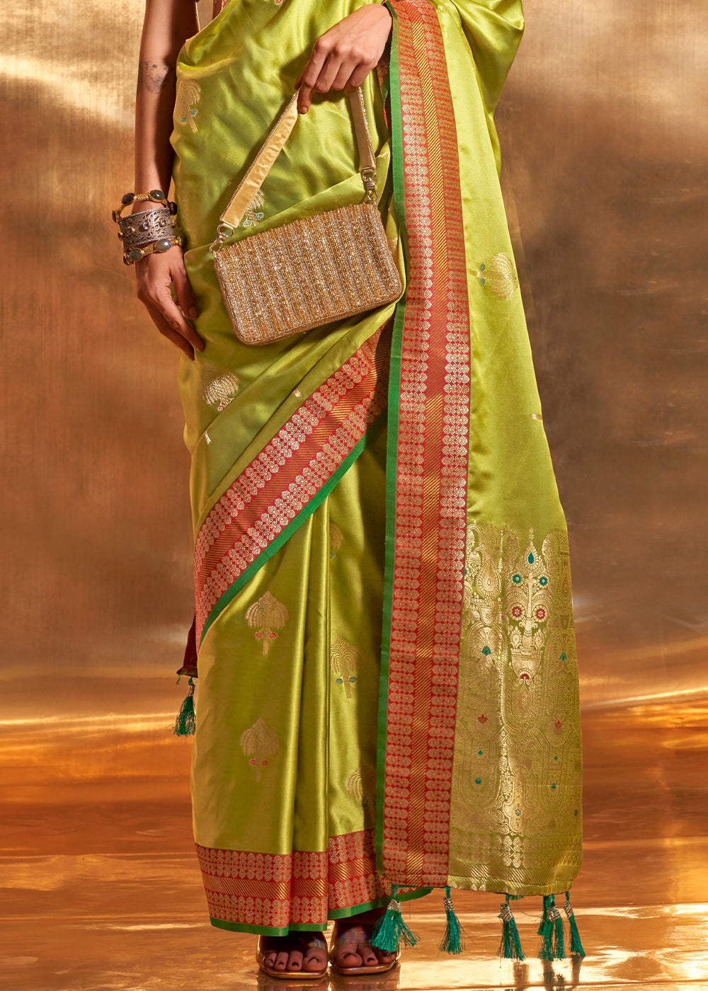 Lawn Green Handloom Woven Satin Silk Saree