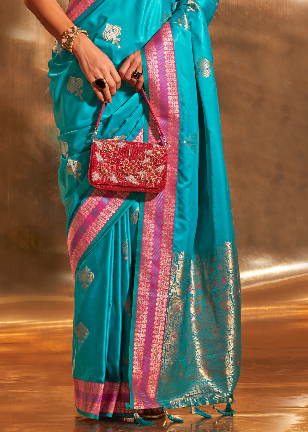 Cerulean Blue Handloom Woven Satin Silk Saree