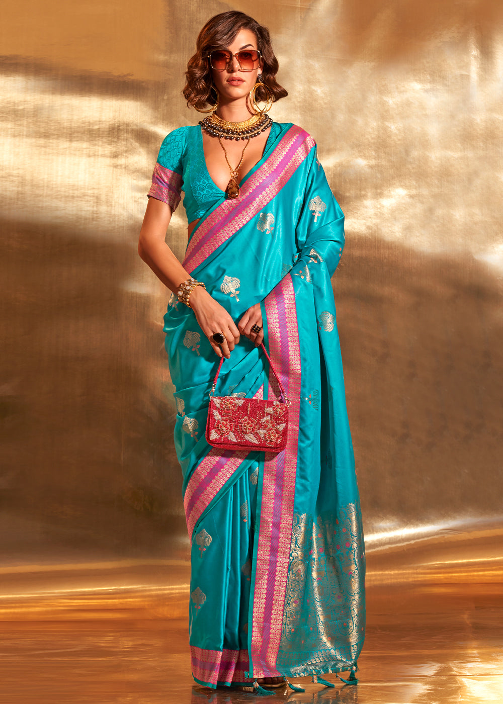 Cerulean Blue Handloom Woven Satin Silk Saree