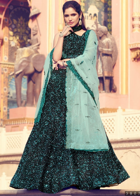 Black & Green Designer Lehenga Choli with Sequins work