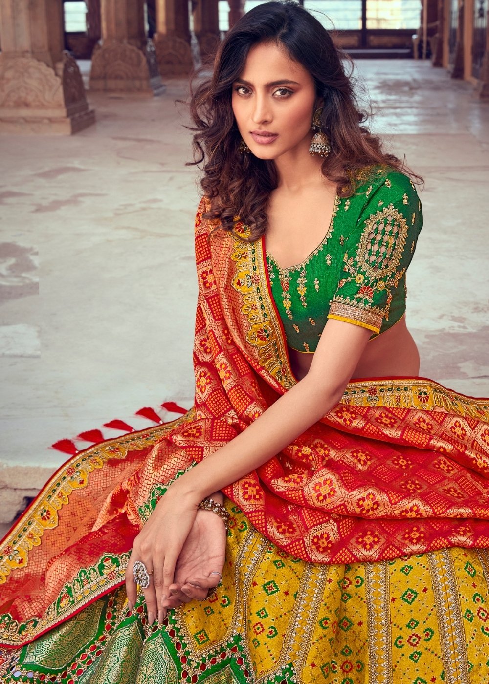 Tuscany Yellow & Red Banarasi Silk Lehenga Choli with Khatli work Embroidery