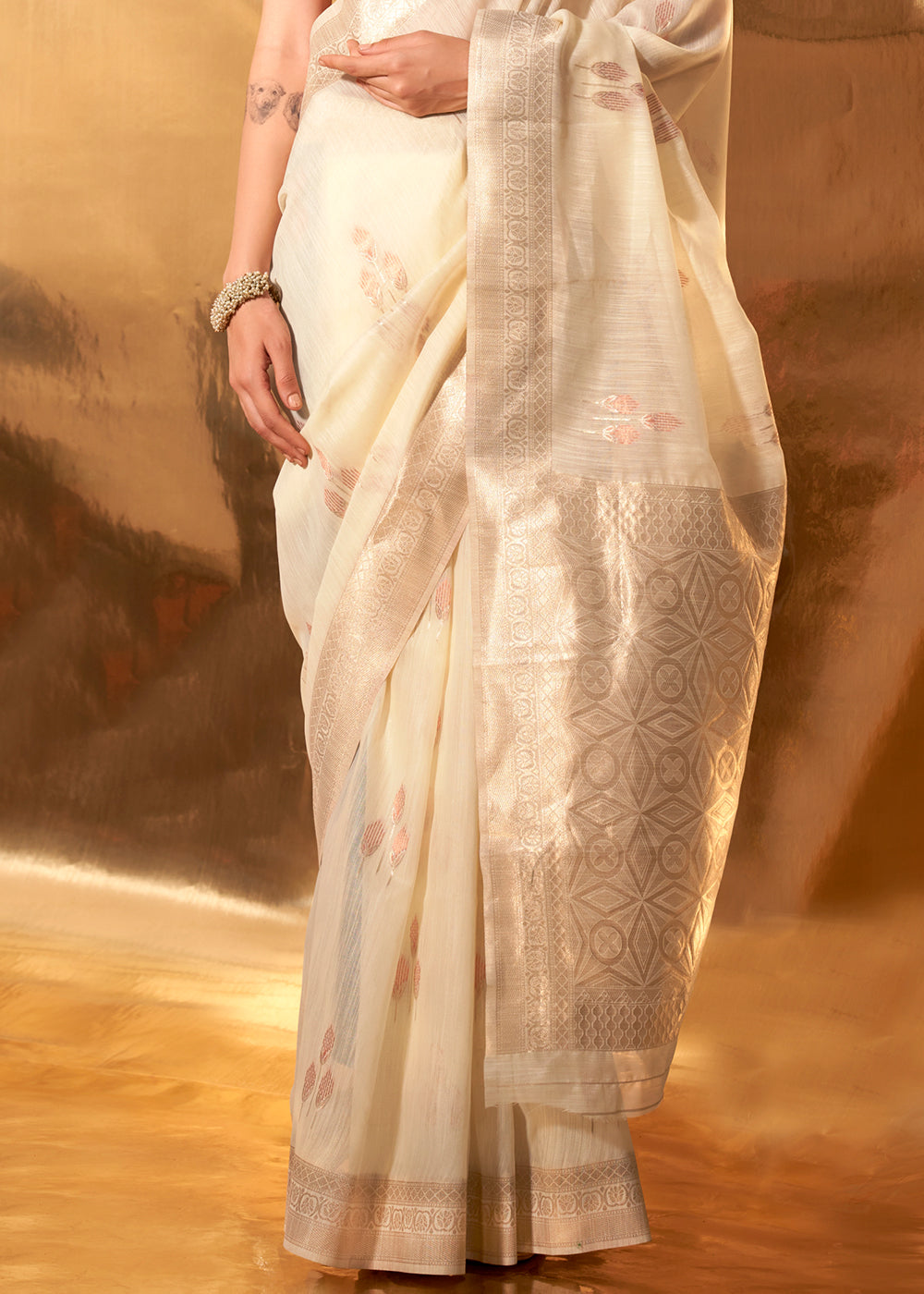 Parchment White Hand Woven Linen Cotton Saree with Brocade Blouse