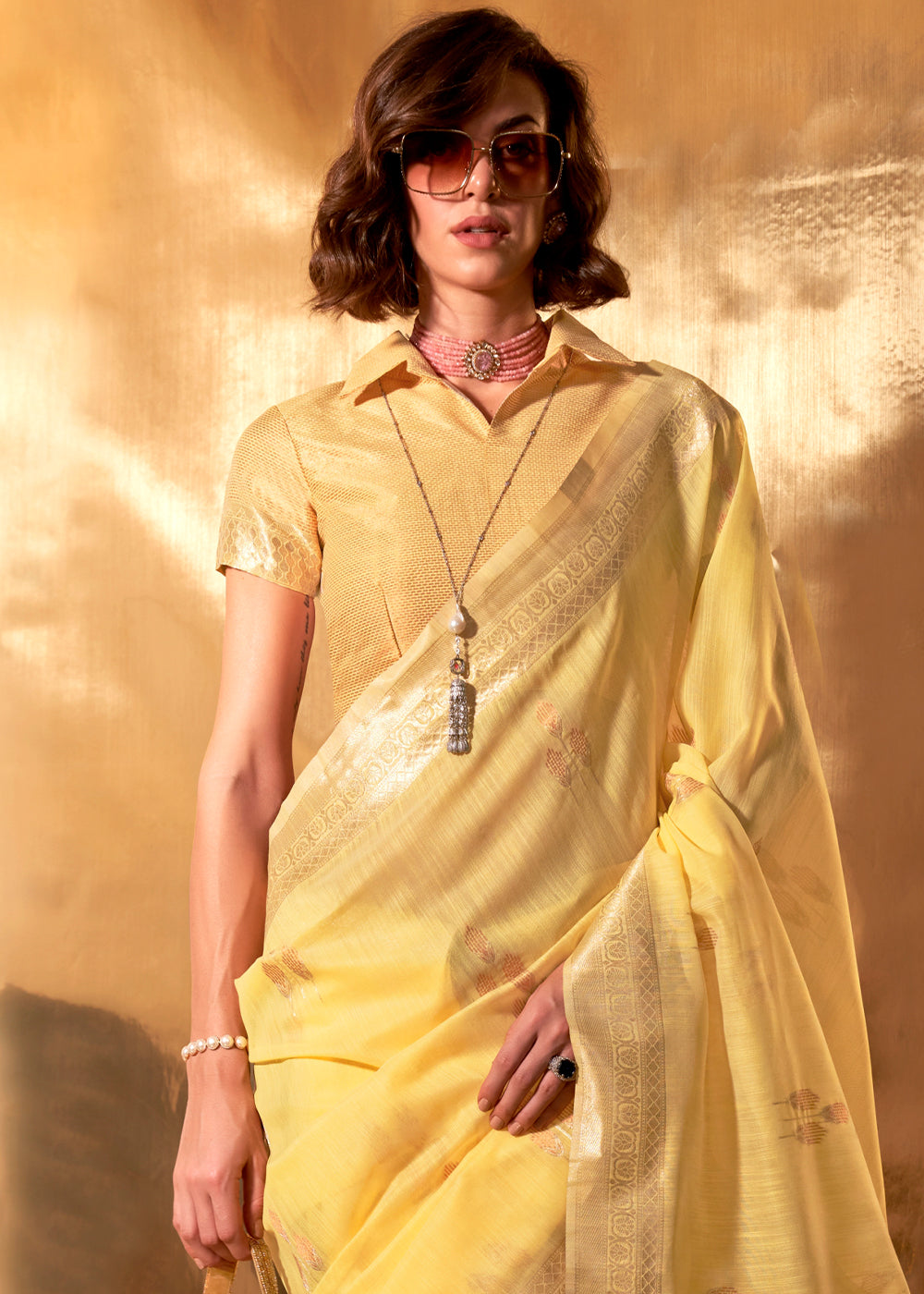 Daffodil Yellow Hand Woven Linen Cotton Saree with Brocade Blouse