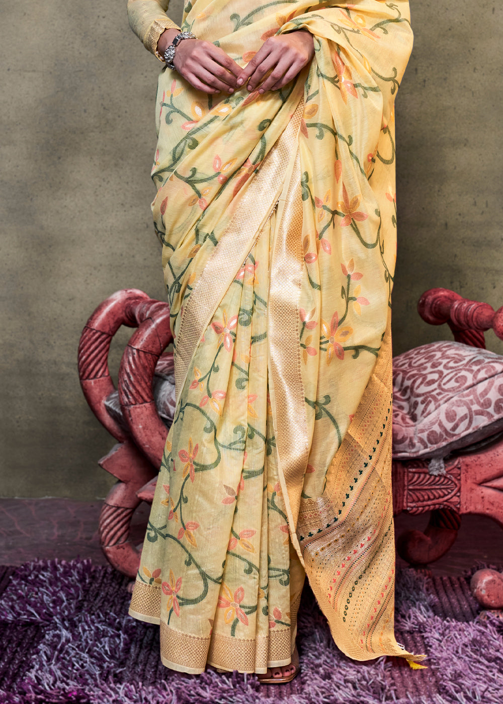 Blonde Yellow Jamdani Handwoven Cotton Saree with Brocade Blouse