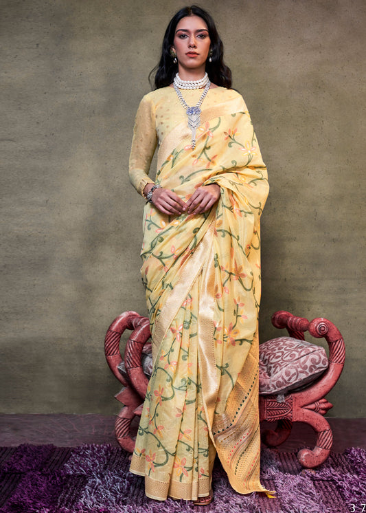 Blonde Yellow Jamdani Handwoven Cotton Saree with Brocade Blouse