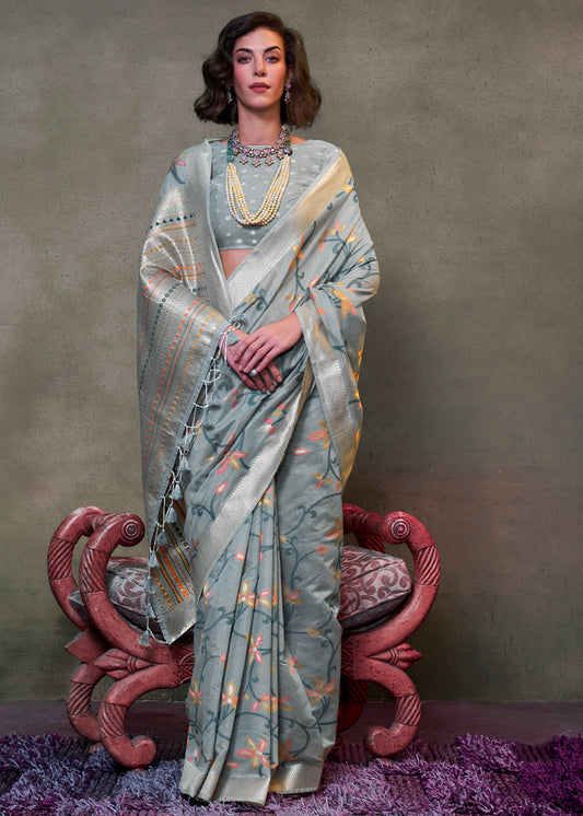 Seal Grey Jamdani Handwoven Cotton Saree with Brocade Blouse