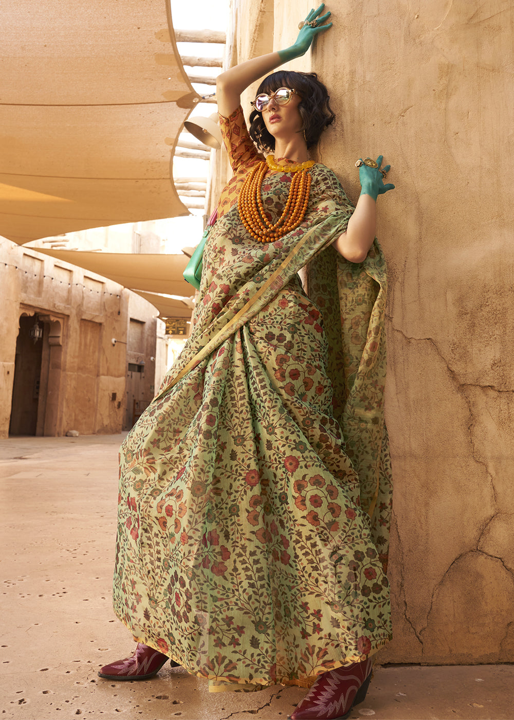 Apple Green Floral Printed Tissue Handloom Saree