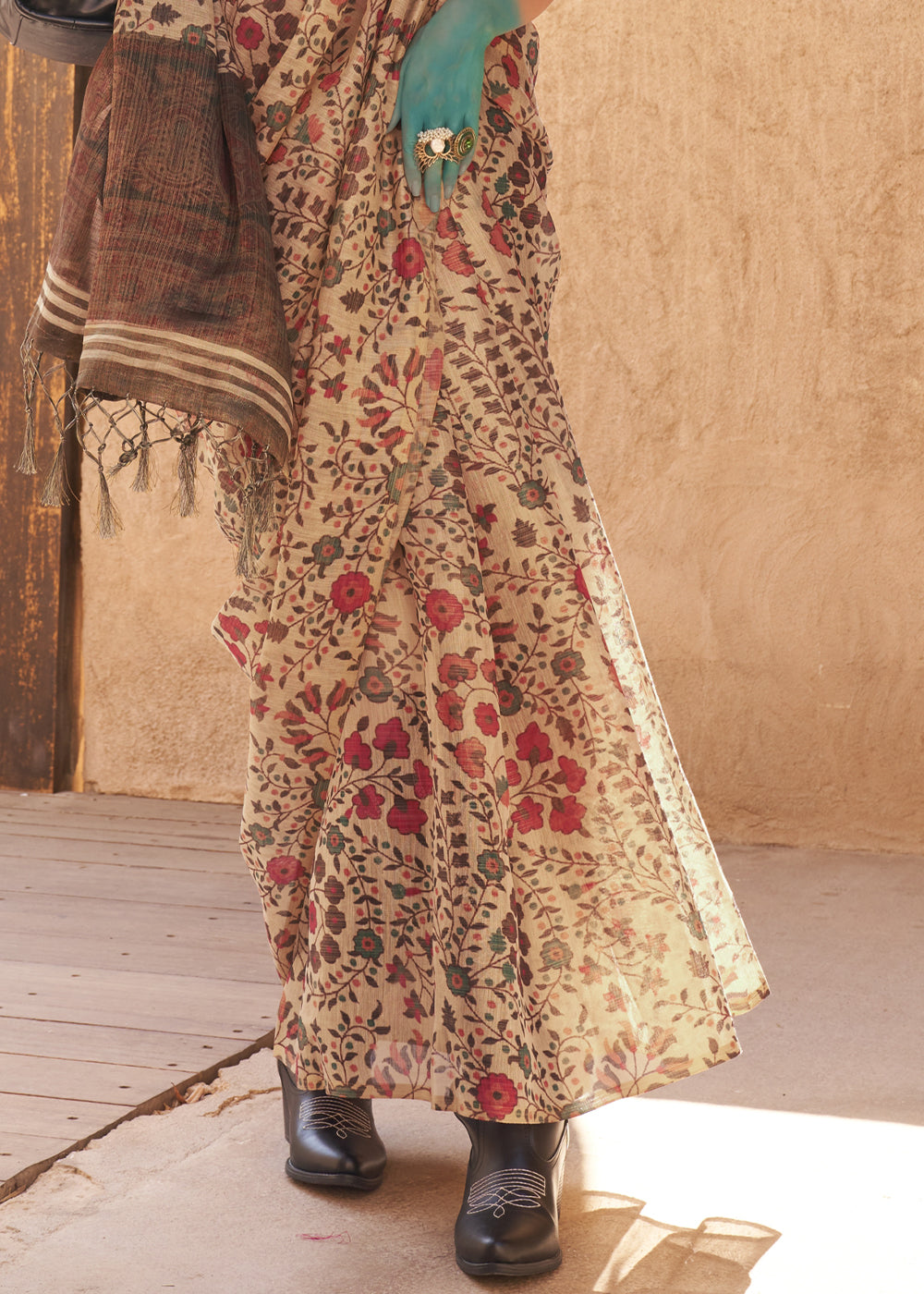 Light Brown Floral Printed Tissue Handloom Saree