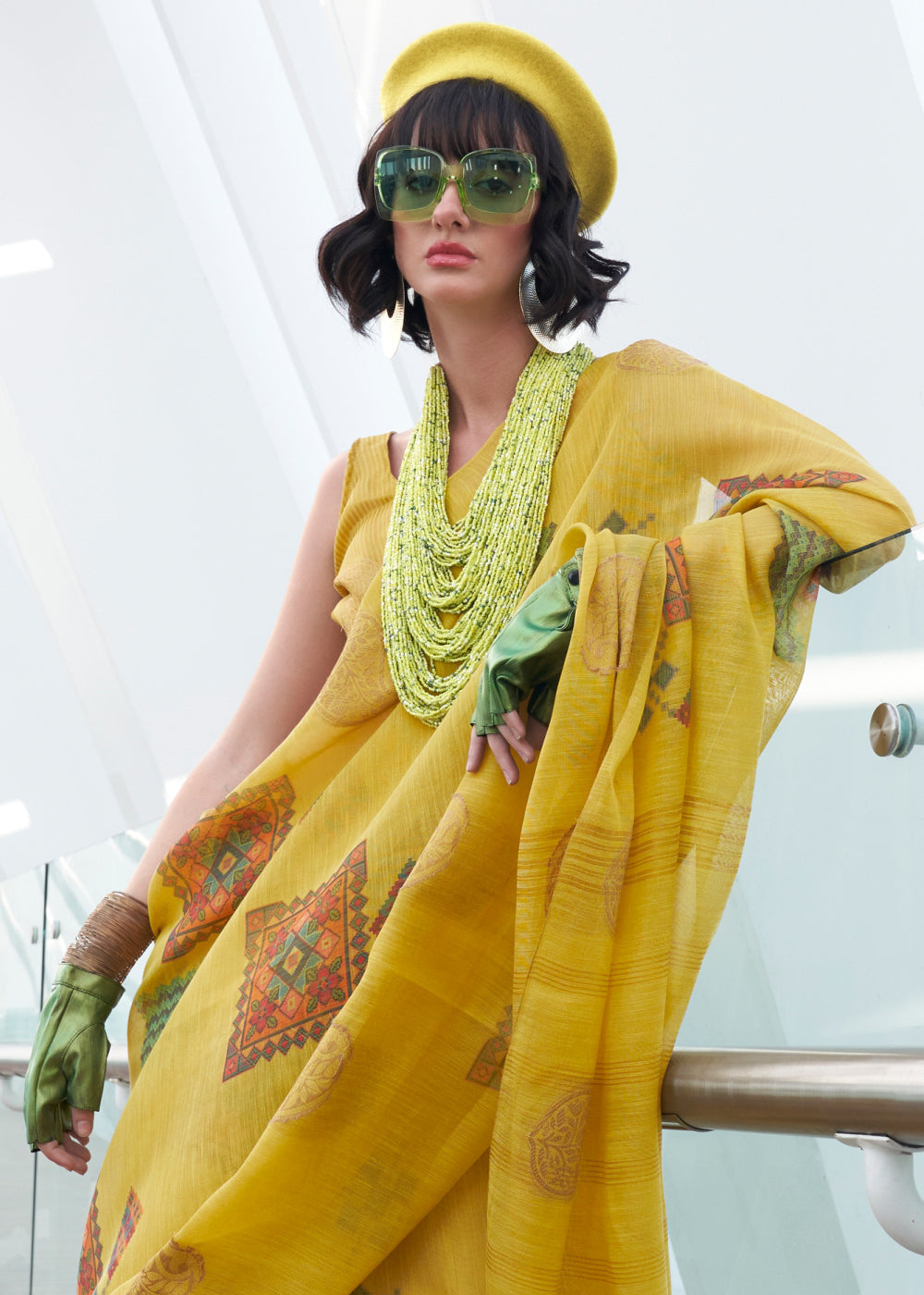 Canary Yellow Printed Handloom Zari Tissue Saree