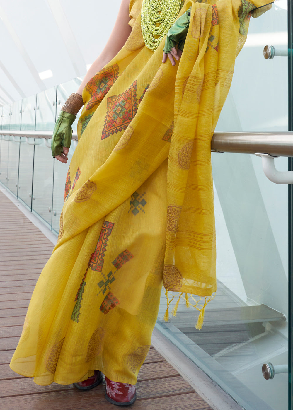 Canary Yellow Printed Handloom Zari Tissue Saree