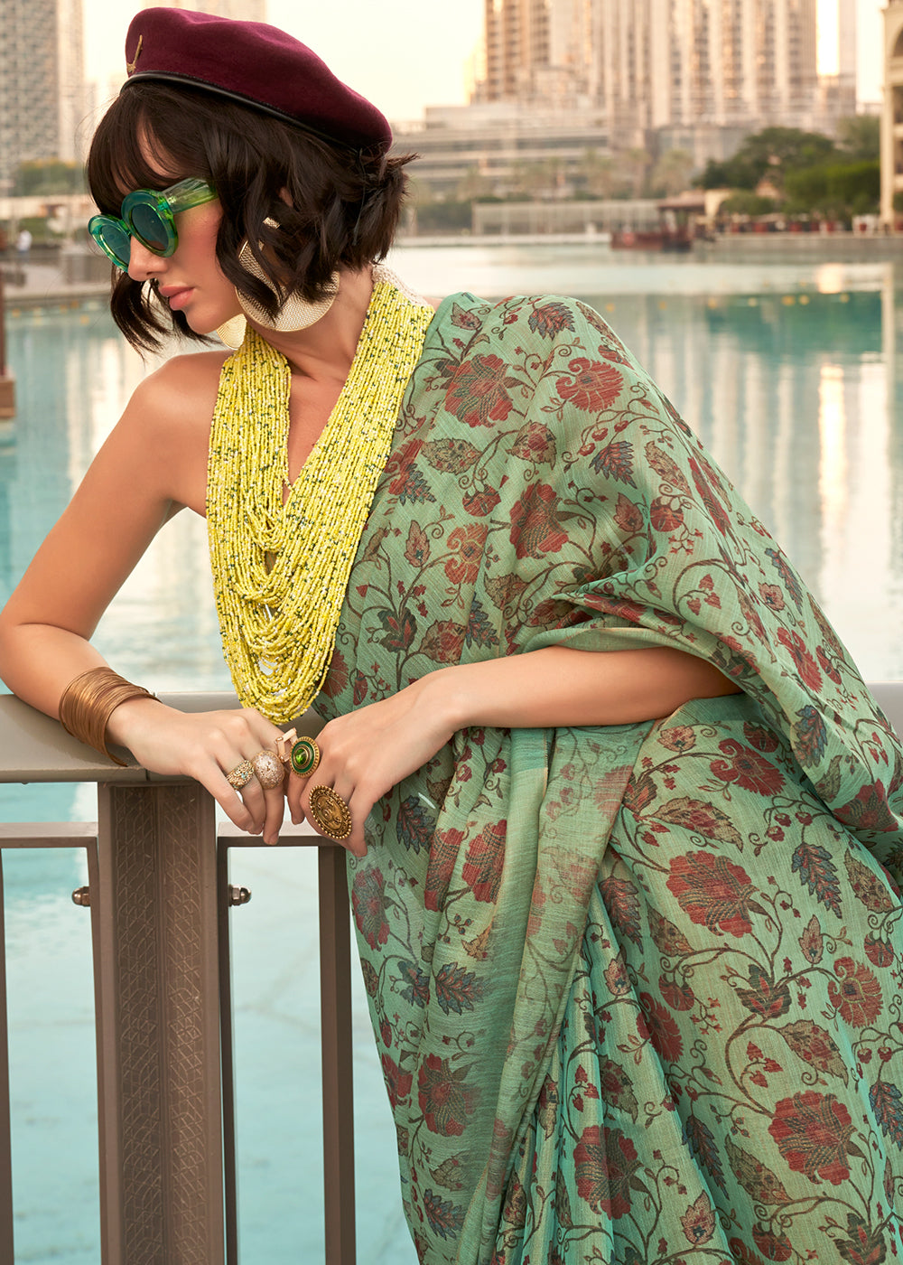 Sage Green Floral Printed Tissue saree