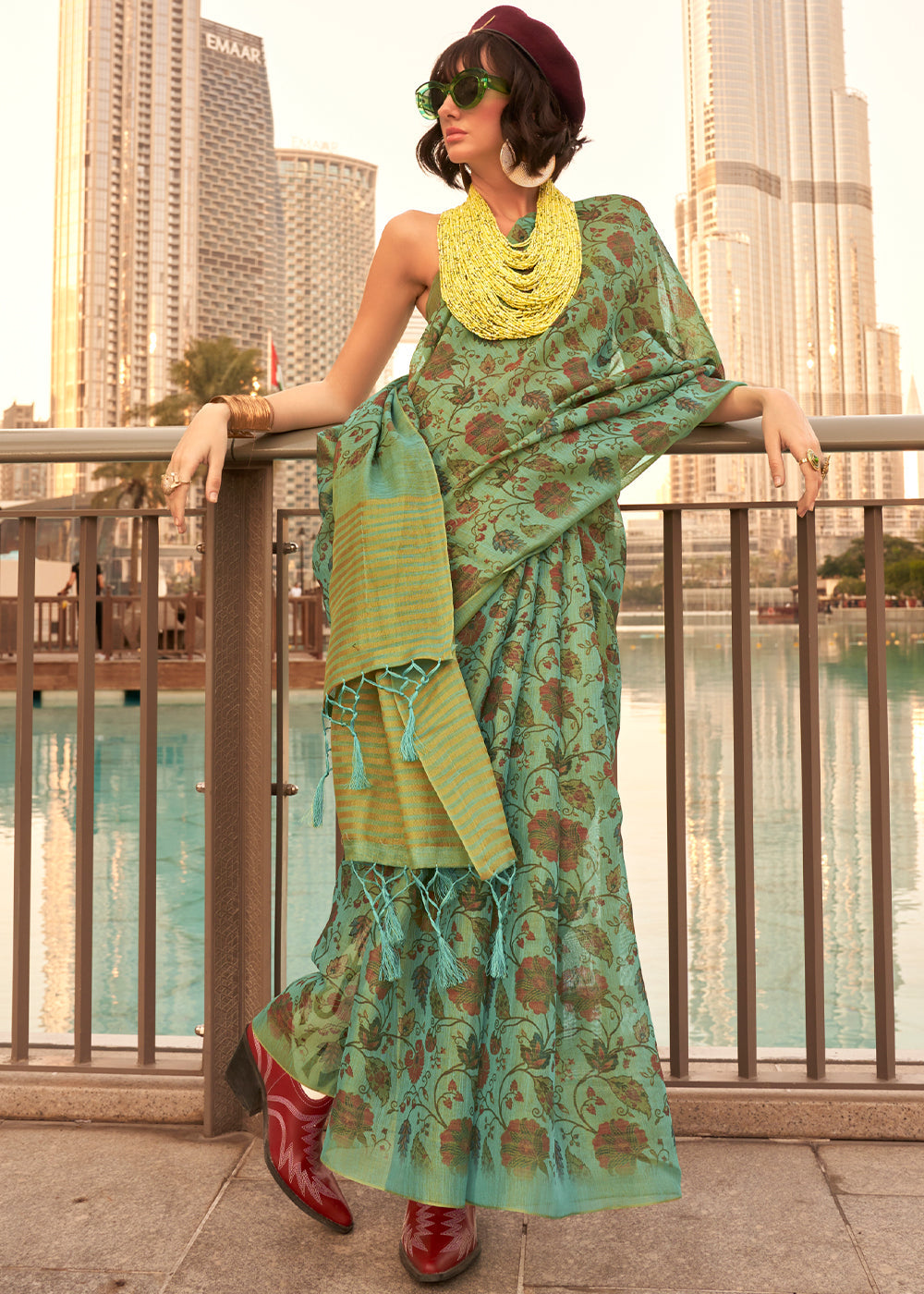 Sage Green Floral Printed Tissue saree