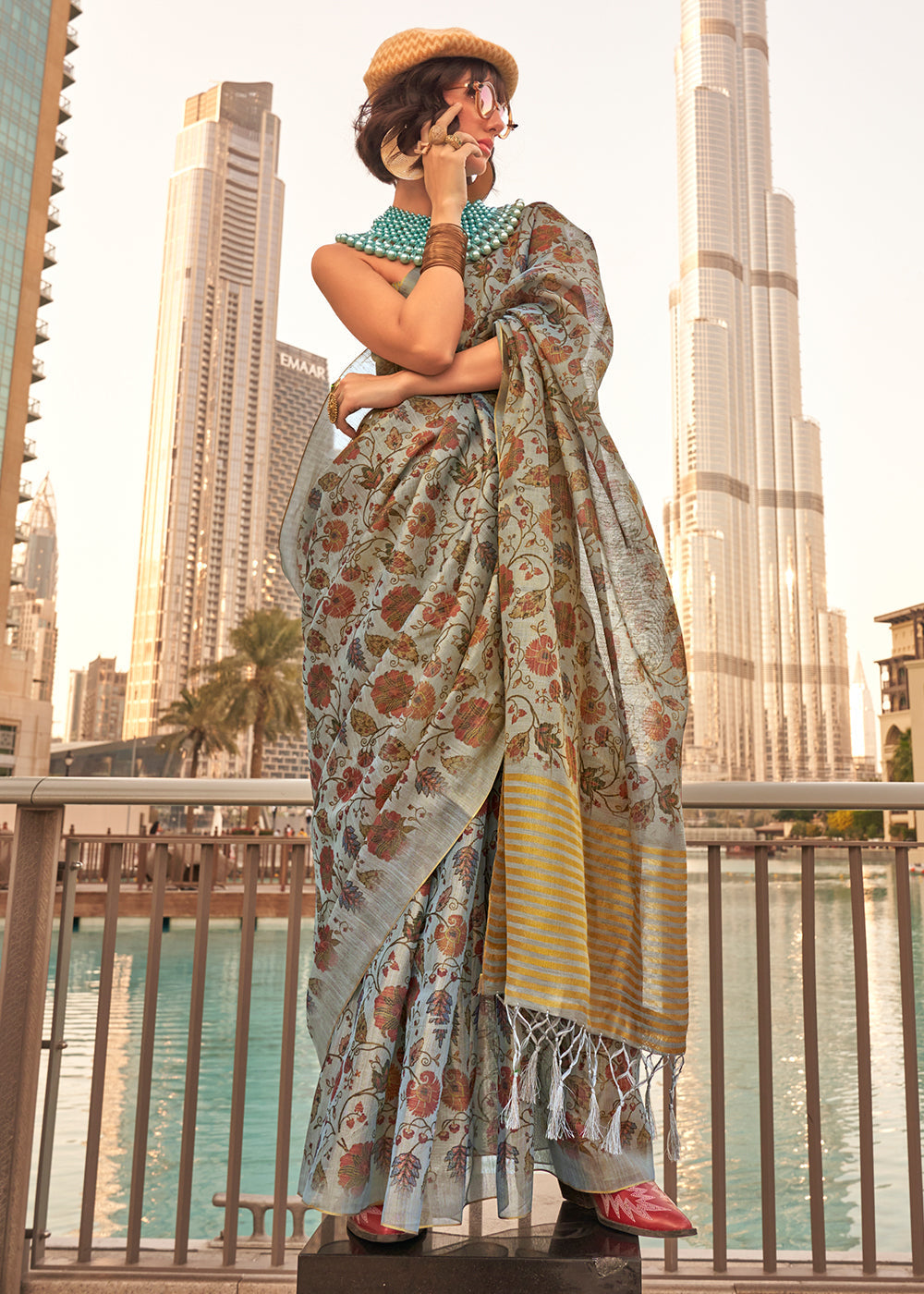 Light Grey Floral Printed Tissue saree