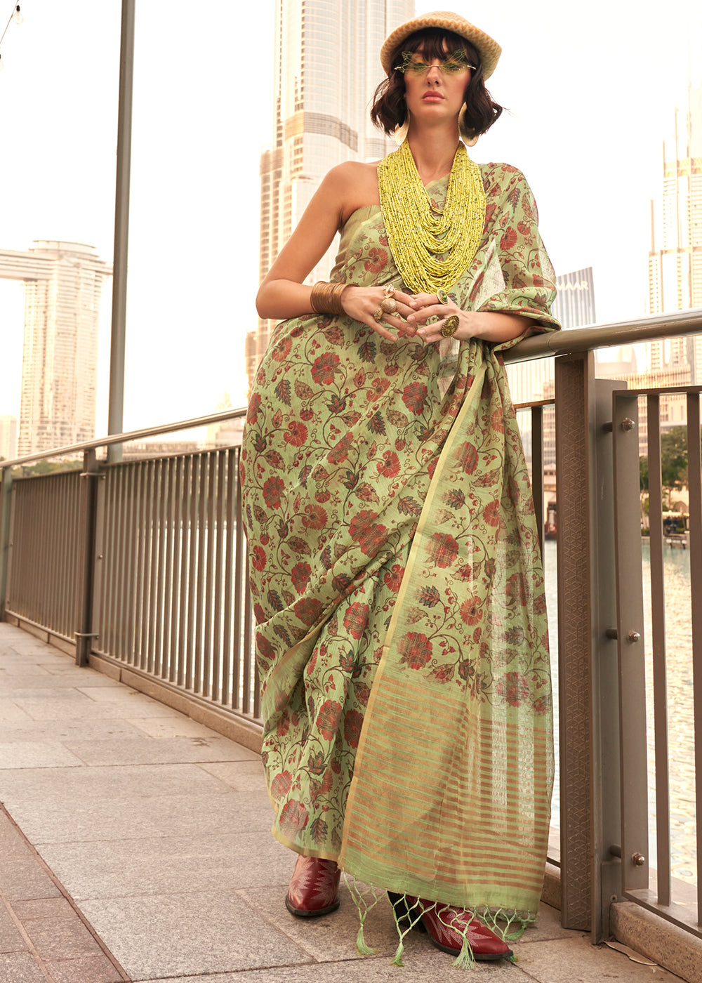 Tea Green Floral Printed Tissue saree