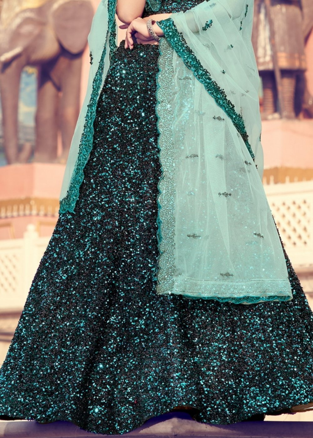 Black & Green Designer Lehenga Choli with Sequins work