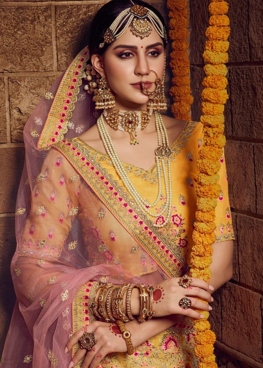 Yellow Organza Bridal Lehenga Choli with Thread, Zari and Stone work