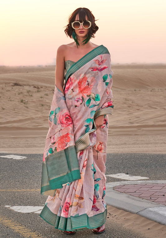 Creamy White Floral Printed Linen Saree with Zari Border and Blouse