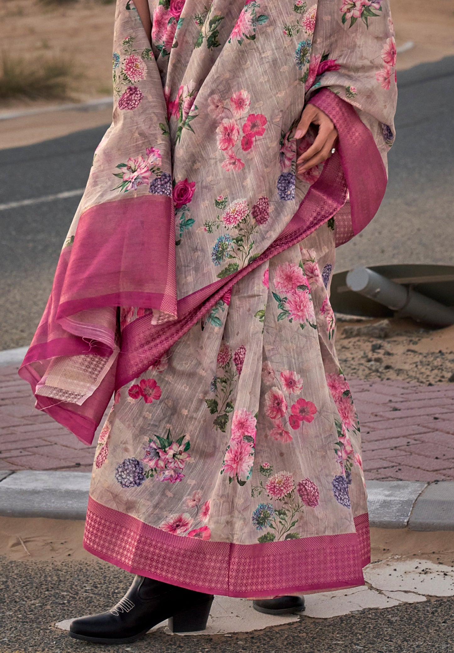 Light Grey Floral Printed Linen Saree with Zari Border and Blouse