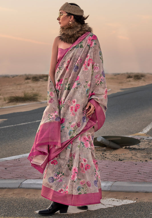 Light Grey Floral Printed Linen Saree with Zari Border and Blouse