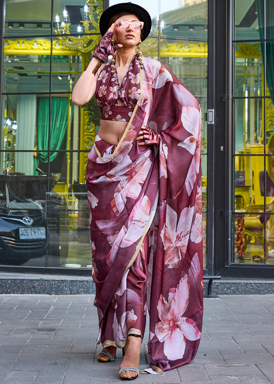 Dark Brown Printed Satin Georgette Saree