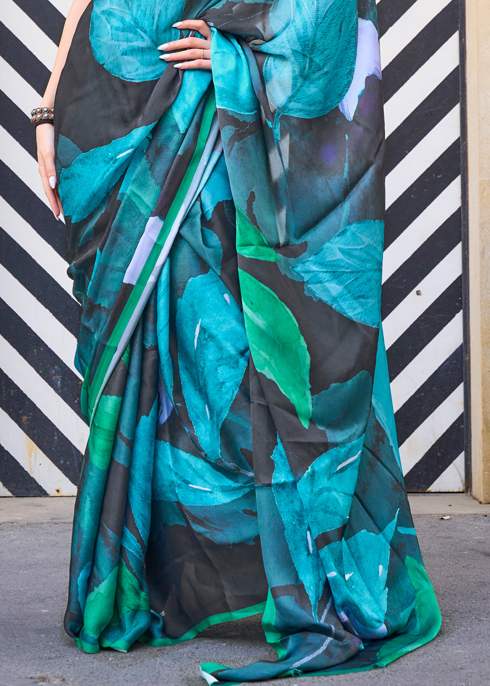 Blue & Black Printed Satin Georgette Saree