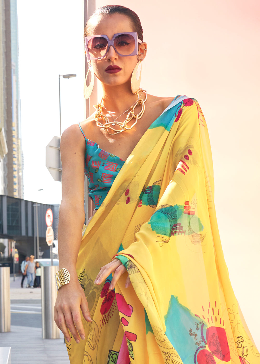 Lemon Yellow Printed Satin Georgette Saree