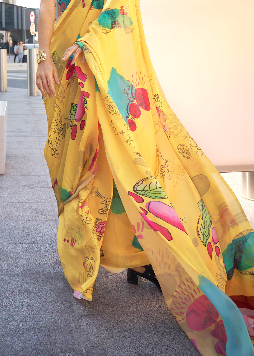 Lemon Yellow Printed Satin Georgette Saree