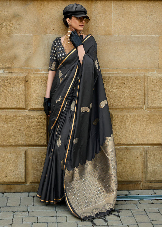 Midnight Black Zari Woven Satin Silk Saree