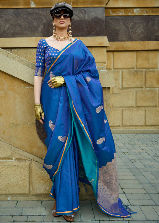 Bright Blue Zari Woven Satin Silk Saree