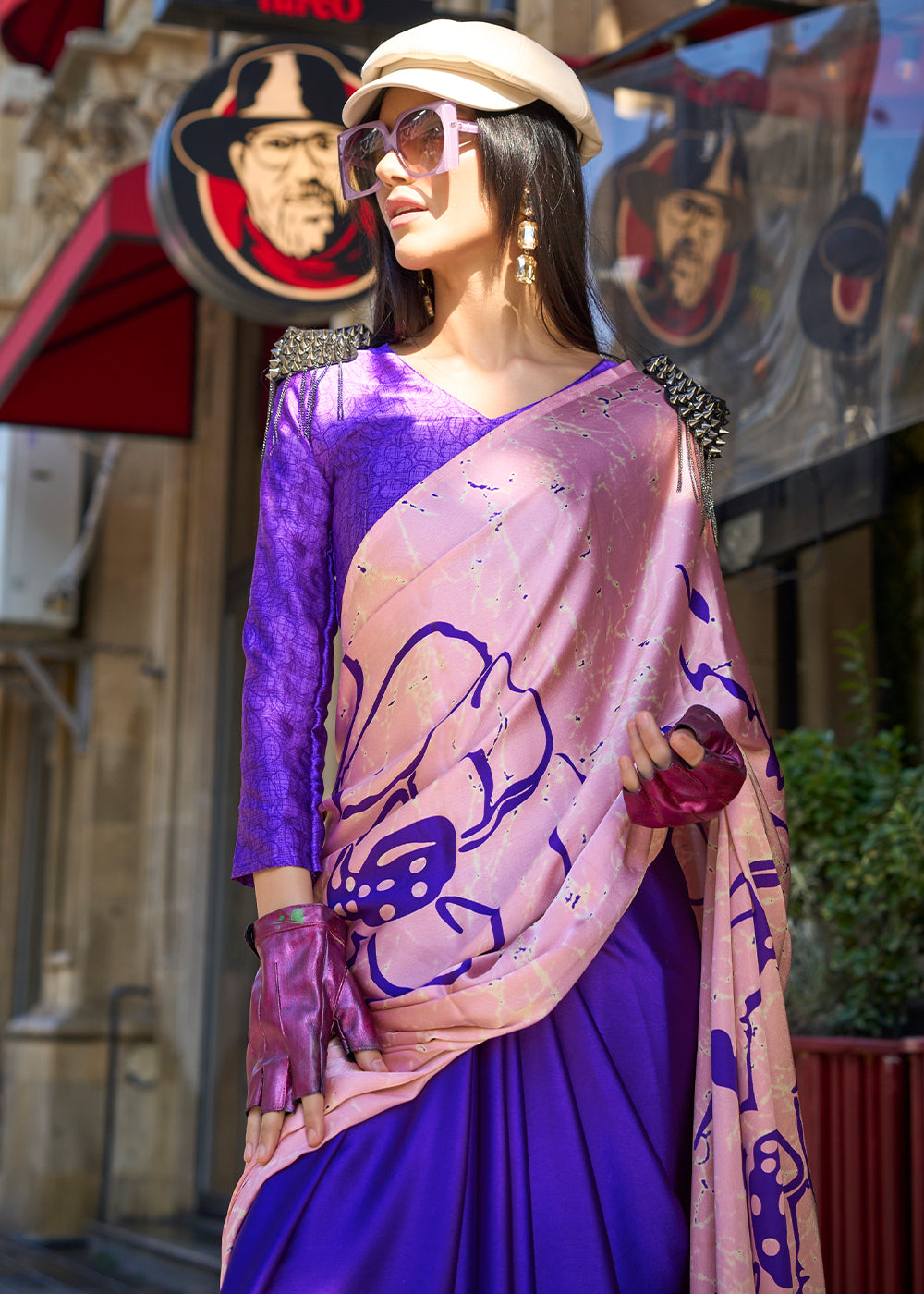 Blue & Pink Contemporary Printed Satin Crepe Saree