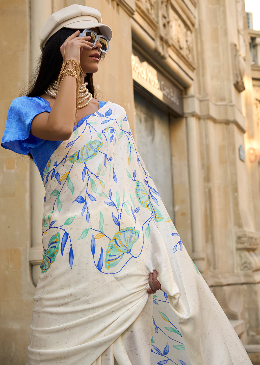 Pearl White Contemporary Printed Satin Crepe Saree