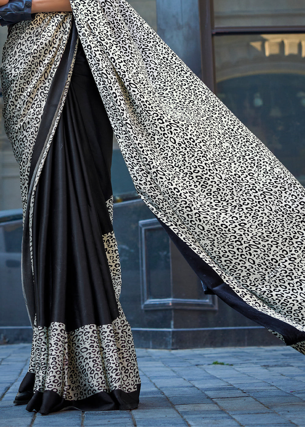 Black & White Contemporary Printed Satin Crepe Saree