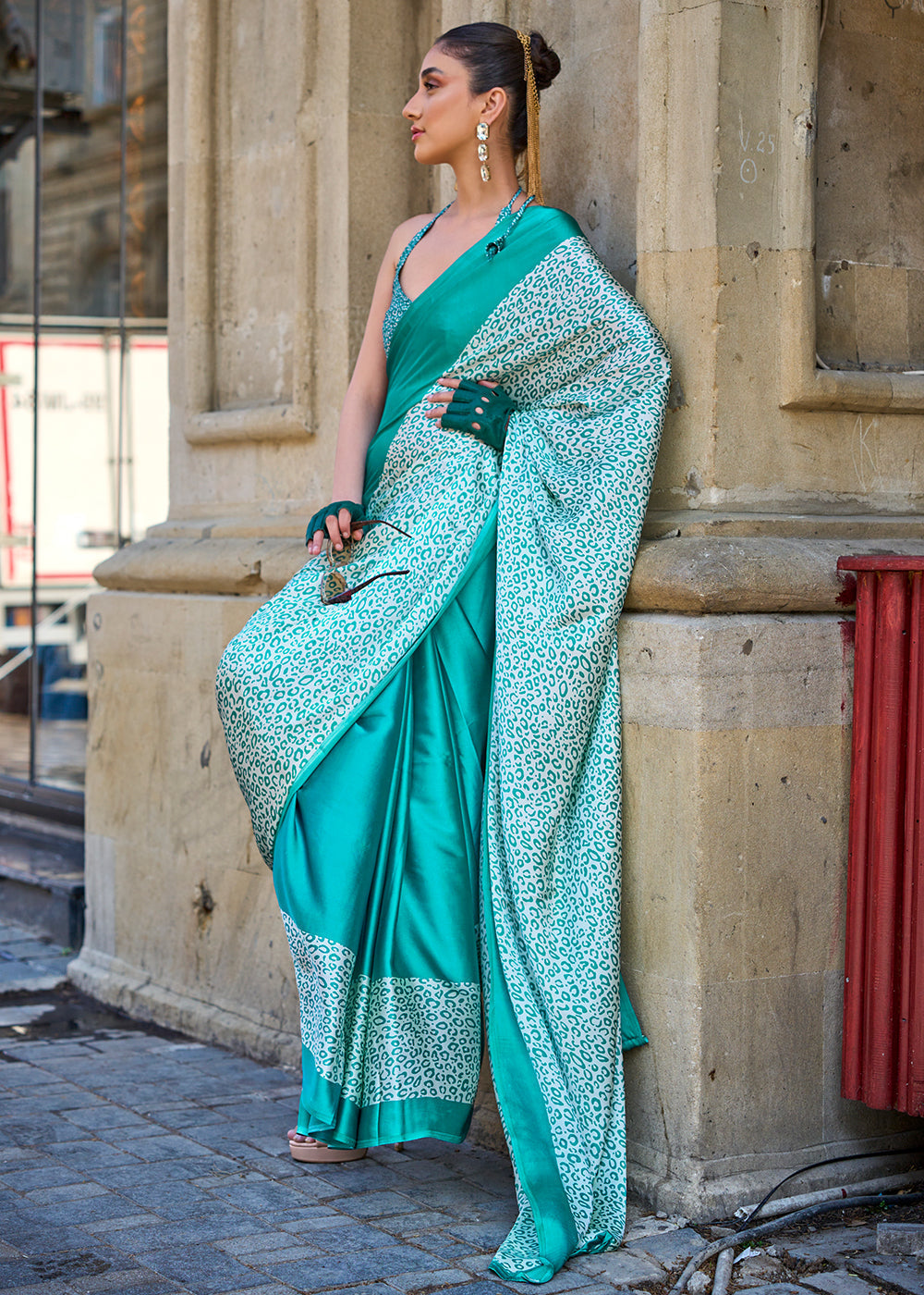 Pacific Blue Contemporary Printed Satin Crepe Saree