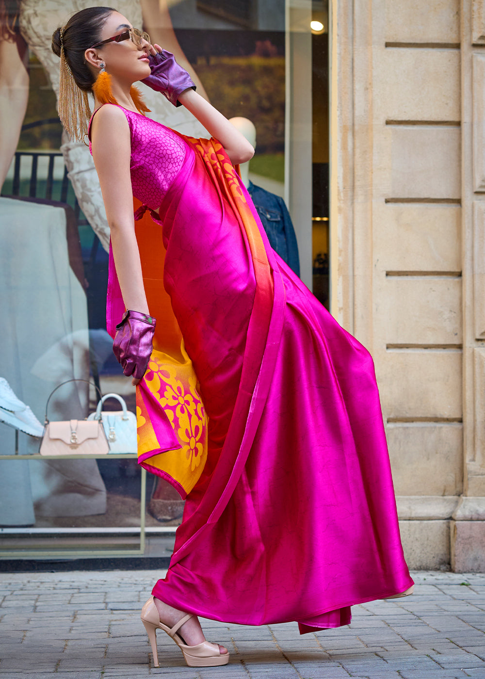 Hot Pink Contemporary Printed Satin Crepe Saree : Top Pick