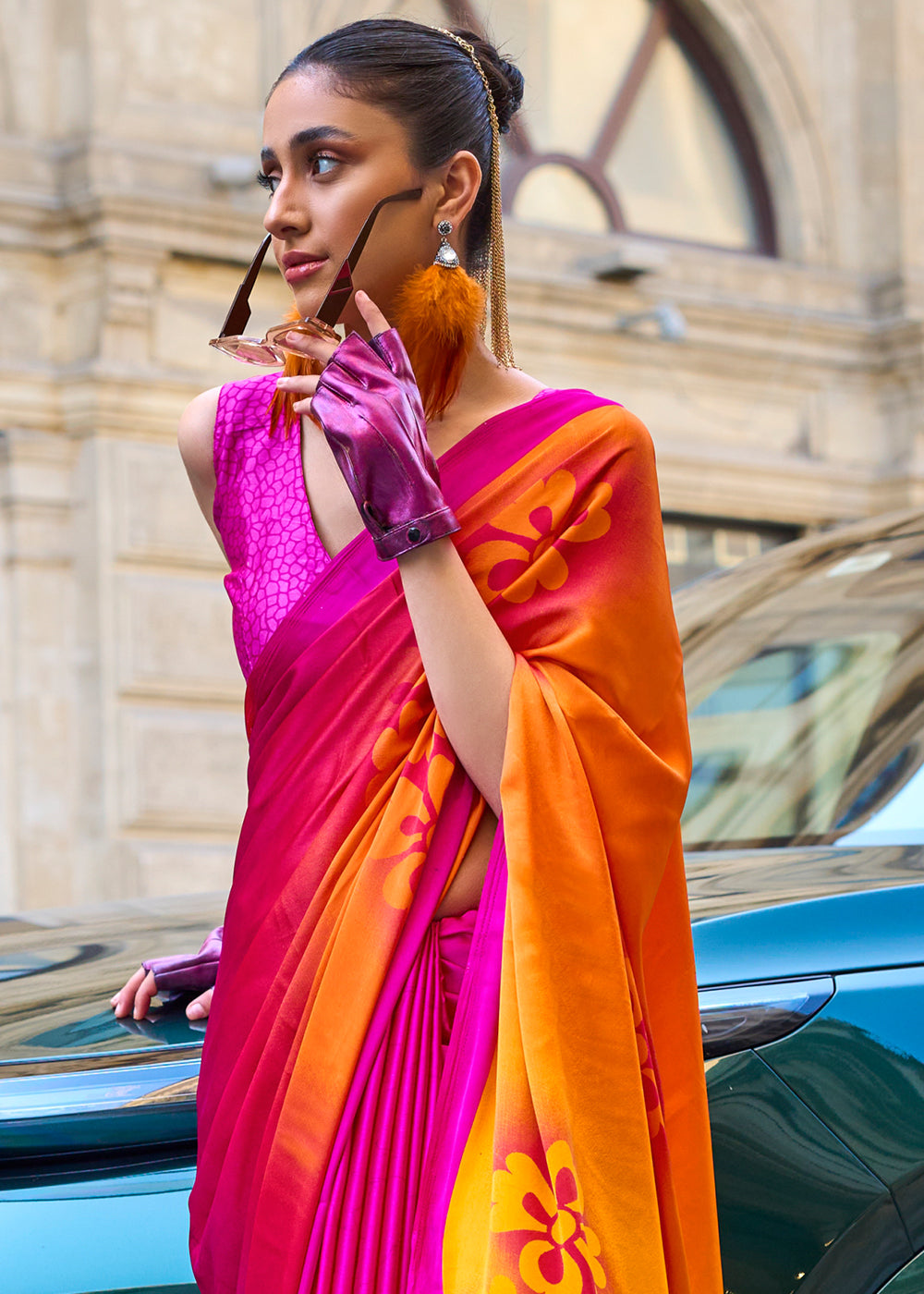 Hot Pink Contemporary Printed Satin Crepe Saree : Top Pick