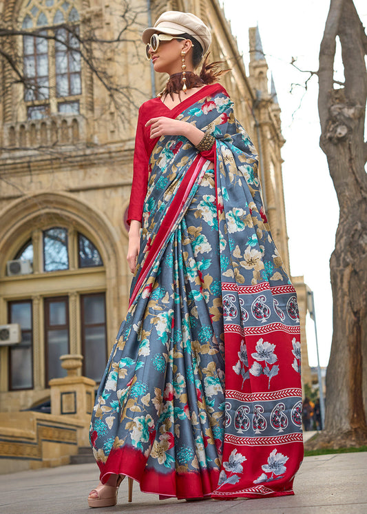 Grey & Red Contemporary Printed Satin Crepe Saree