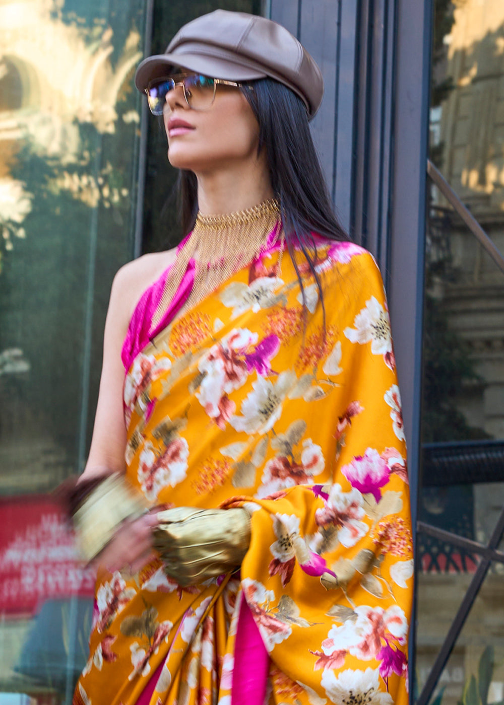 Saffron Yellow Contemporary Printed Satin Crepe Saree