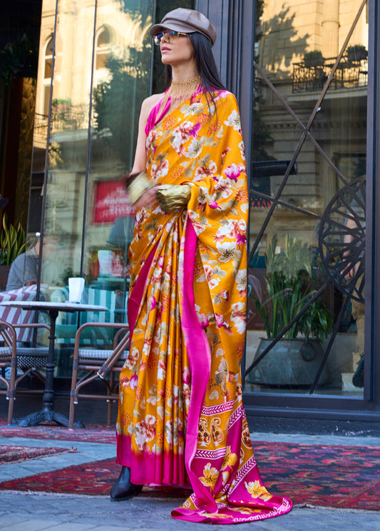 Saffron Yellow Contemporary Printed Satin Crepe Saree