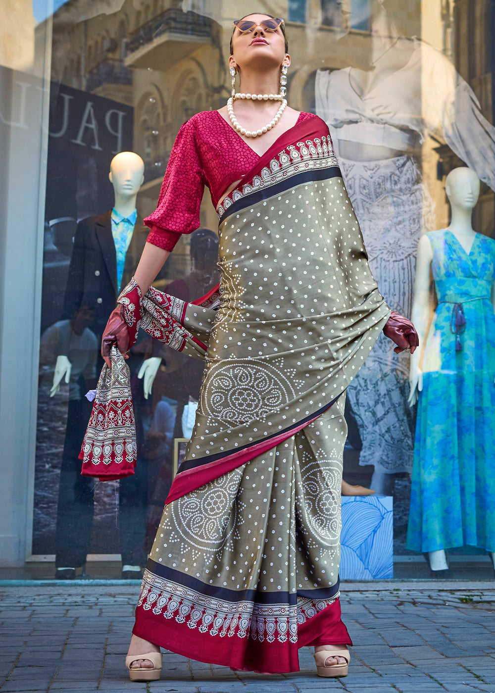 Seal Grey Contemporary Printed Satin Crepe Saree