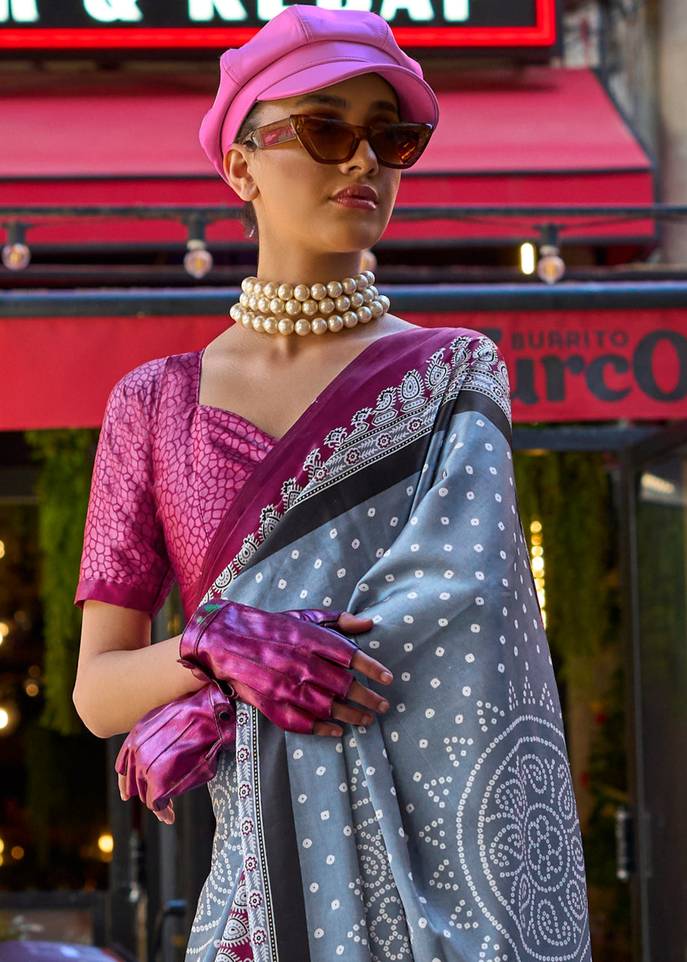 Flint Grey Contemporary Printed Satin Crepe Saree