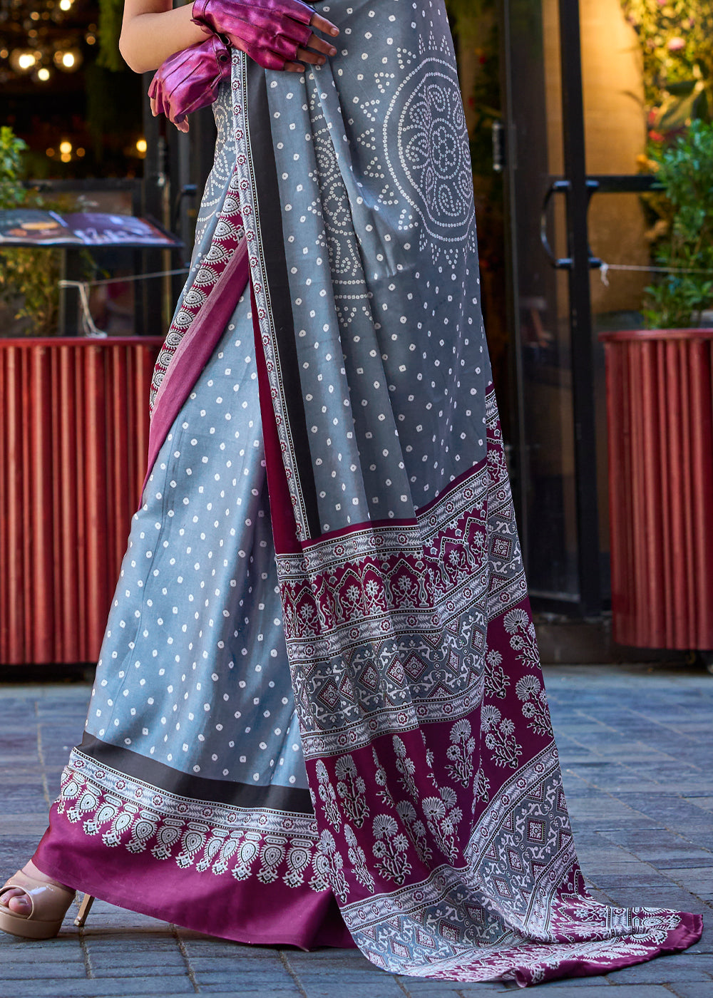 Flint Grey Contemporary Printed Satin Crepe Saree