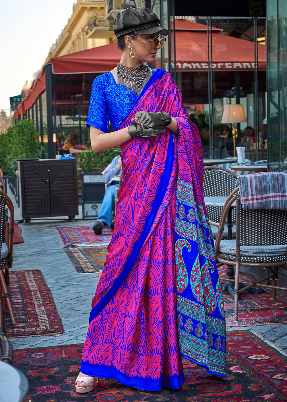 Deep Pink Contemporary Printed Satin Crepe Saree