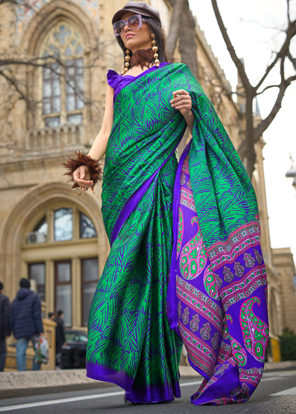 Shamrock Green Contemporary Printed Satin Crepe Saree