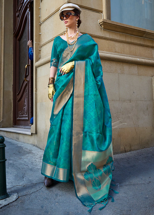 Cerulean Blue Handwoven Two Tone Organza Silk Saree